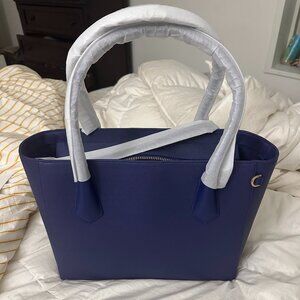 Dagne Dover Signature Tote Classic Blue Leather Shoulder Bag W/ Dust Bag